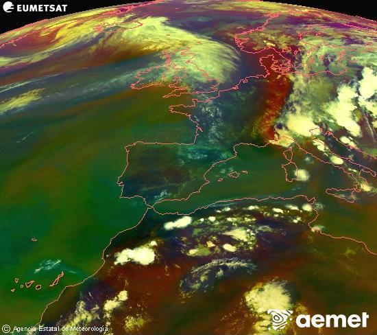 Composici�n RGB en la que se mezclan varios canales del sat�lite Meteosat operacional en 0�N 0�W, que nos da una idea de las caracter�sticas de las masas de aire y de la nubosidad.&nbsp;mi�rcoles, 01 julio 2026 a las 19:00