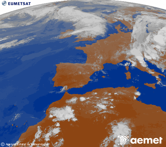 Imagen de la zona de Europa y Norte de �frica del canal infrarrojo del sat�lite Meteosat operacional en 0�N 0�W, procesada para darle color.&nbsp;mi�rcoles, 01 julio 2026 a las 22:00