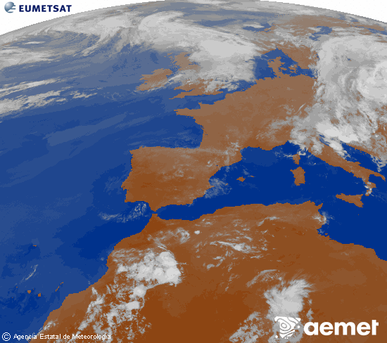 Imagen de la zona de Europa y Norte de �frica del canal infrarrojo del sat�lite Meteosat operacional en 0�N 0�W, procesada para darle color.&nbsp;jeudi, 2 juillet  2026 00:00