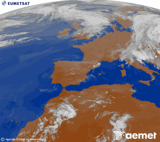 Imagen de la zona de Europa y Norte de �frica del canal infrarrojo del sat�lite Meteosat operacional en 0�N 0�W, procesada para darle color.&nbsp;jeudi, 2 juillet  2026 01:00