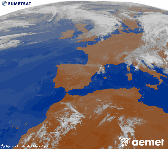Imagen de la zona de Europa y Norte de �frica del canal infrarrojo del sat�lite Meteosat operacional en 0�N 0�W, procesada para darle color.&nbsp;jeudi, 2 juillet  2026 03:00
