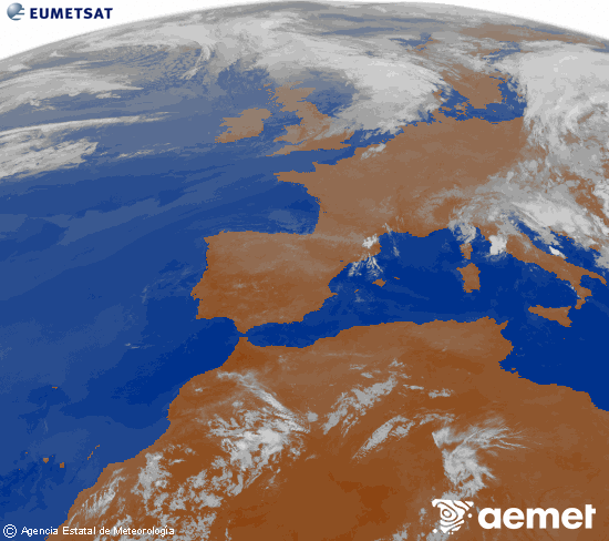 Imagen de la zona de Europa y Norte de �frica del canal infrarrojo del sat�lite Meteosat operacional en 0�N 0�W, procesada para darle color.&nbsp;jeudi, 2 juillet  2026 04:00