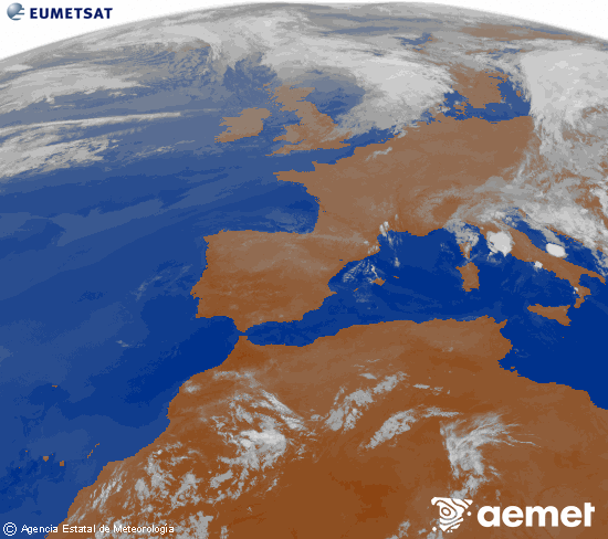 Imagen de la zona de Europa y Norte de �frica del canal infrarrojo del sat�lite Meteosat operacional en 0�N 0�W, procesada para darle color.&nbsp;jeudi, 2 juillet  2026 05:00