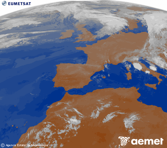 Imagen de la zona de Europa y Norte de �frica del canal infrarrojo del sat�lite Meteosat operacional en 0�N 0�W, procesada para darle color.&nbsp;jeudi, 2 juillet  2026 06:00