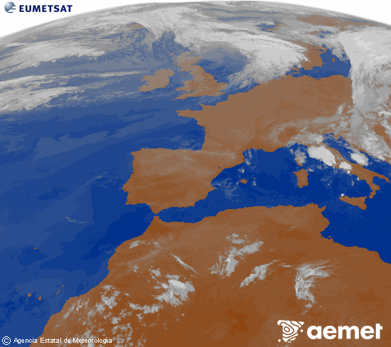 Imagen de la zona de Europa y Norte de �frica del canal infrarrojo del sat�lite Meteosat operacional en 0�N 0�W, procesada para darle color.&nbsp;jeudi, 2 juillet  2026 07:00