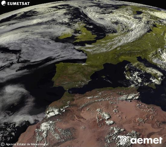 Esta imaxe x�rase utilizando informaci�n das canles visibles do sat�lite METEOSAT pertencente � segunda xeraci�n de sat�lites  Meteosat (MSX). Por ese motivo, s� hai informaci�n na zona iluminada polo sol. Ademais, as canles foron normalizadas para que o brillo non dependa da posici�n do sol.&nbsp;xoves, 2 xullo  2026 19:00