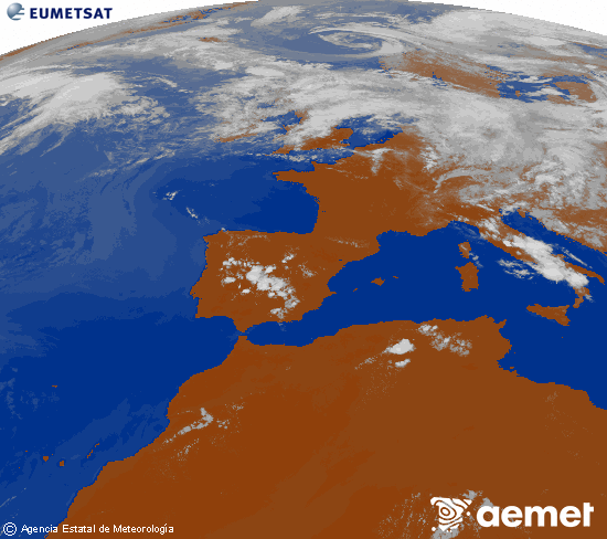 Imagen de la zona de Europa y Norte de �frica del canal infrarrojo del sat�lite Meteosat operacional en 0�N 0�W, procesada para darle color.&nbsp;lunes, 06 julio 2026 a las 18:00