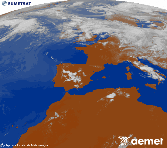 Imagen de la zona de Europa y Norte de �frica del canal infrarrojo del sat�lite Meteosat operacional en 0�N 0�W, procesada para darle color.&nbsp;lunes, 06 julio 2026 a las 19:00