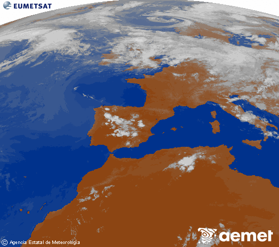 Imagen de la zona de Europa y Norte de �frica del canal infrarrojo del sat�lite Meteosat operacional en 0�N 0�W, procesada para darle color.&nbsp;lunes, 06 julio 2026 a las 21:00