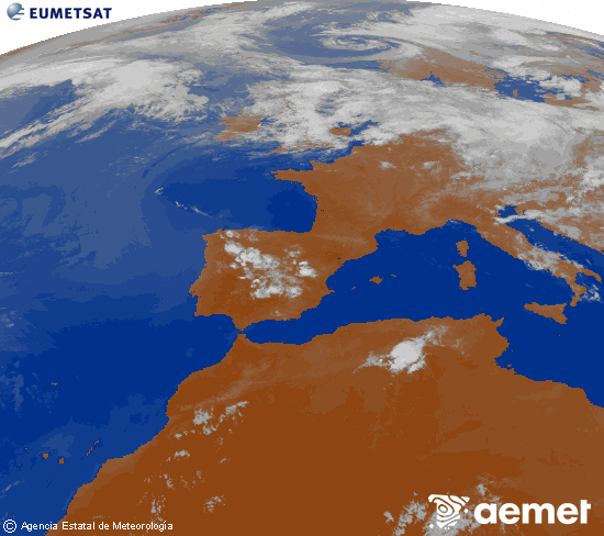 Imagen de la zona de Europa y Norte de �frica del canal infrarrojo del sat�lite Meteosat operacional en 0�N 0�W, procesada para darle color.&nbsp;lunes, 06 julio 2026 a las 22:00