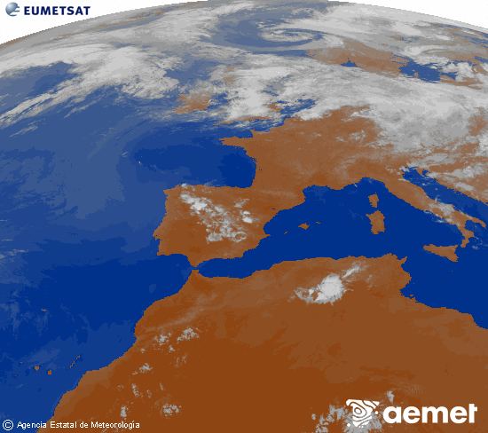 Imagen de la zona de Europa y Norte de �frica del canal infrarrojo del sat�lite Meteosat operacional en 0�N 0�W, procesada para darle color.&nbsp;lunes, 06 julio 2026 a las 23:00