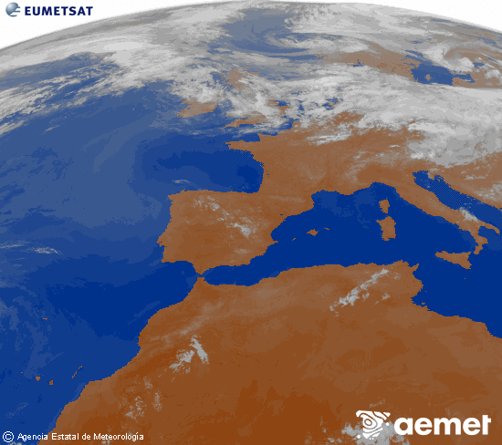 Imagen de la zona de Europa y Norte de �frica del canal infrarrojo del sat�lite Meteosat operacional en 0�N 0�W, procesada para darle color.&nbsp;martes, 07 julio 2026 a las 03:00
