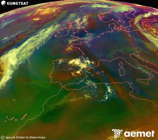 Composici�n RGB na que se mesturan varias canles do sat�lite Meteosat operacional en 0� N 0� W, que nos d� unha idea das caracter�sticas das masas de aire e da nebulosidade.&nbsp;xoves, 9 xullo  2026 22:00