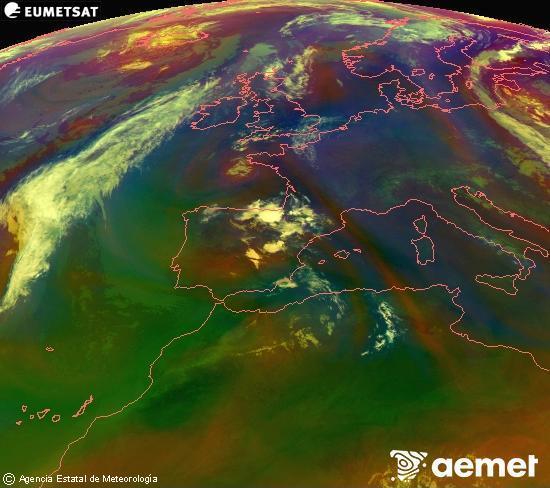 Composici�n RGB na que se mesturan varias canles do sat�lite Meteosat operacional en 0� N 0� W, que nos d� unha idea das caracter�sticas das masas de aire e da nebulosidade.&nbsp;xoves, 9 xullo  2026 23:00