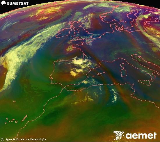 Composici�n RGB na que se mesturan varias canles do sat�lite Meteosat operacional en 0� N 0� W, que nos d� unha idea das caracter�sticas das masas de aire e da nebulosidade.&nbsp;venres, 10 xullo  2026 00:00