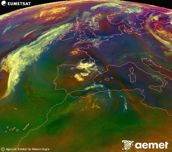 Composici�n RGB na que se mesturan varias canles do sat�lite Meteosat operacional en 0� N 0� W, que nos d� unha idea das caracter�sticas das masas de aire e da nebulosidade.&nbsp;venres, 10 xullo  2026 01:00