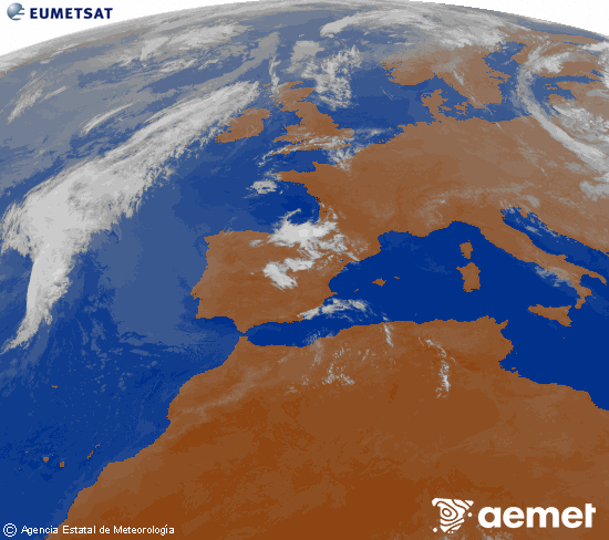 Imatge de la zona d'Europa i Nord d'�frica del canal infraroig del sat�l�lit Meteosat operacional en 0�N 0�W, processada per a donar-li color.&nbsp;divendres, 10 de juliol  2026 01:00