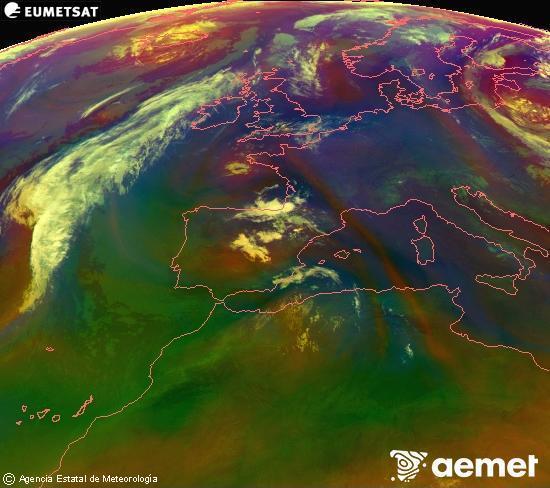 Composici�n RGB na que se mesturan varias canles do sat�lite Meteosat operacional en 0� N 0� W, que nos d� unha idea das caracter�sticas das masas de aire e da nebulosidade.&nbsp;venres, 10 xullo  2026 02:00