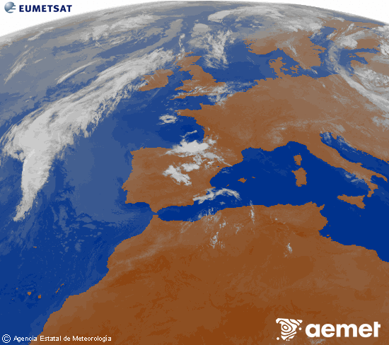 Imatge de la zona d'Europa i Nord d'�frica del canal infraroig del sat�l�lit Meteosat operacional en 0�N 0�W, processada per a donar-li color.&nbsp;divendres, 10 de juliol  2026 02:00
