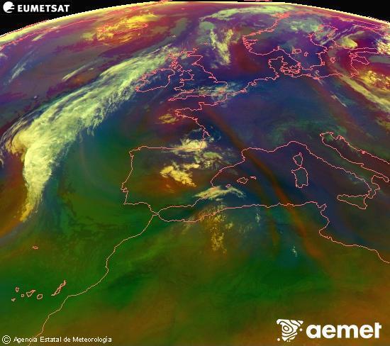 Composici�n RGB na que se mesturan varias canles do sat�lite Meteosat operacional en 0� N 0� W, que nos d� unha idea das caracter�sticas das masas de aire e da nebulosidade.&nbsp;venres, 10 xullo  2026 03:00