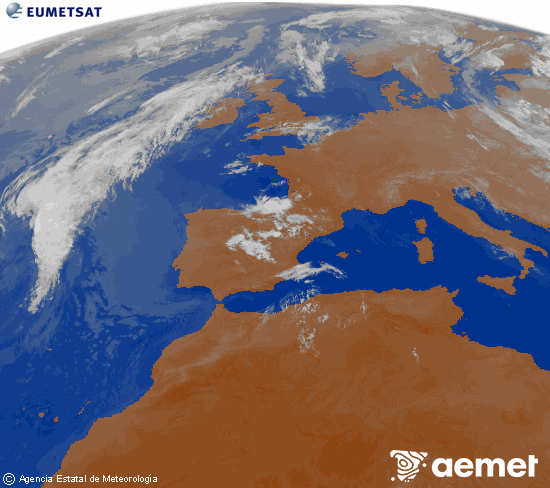 Imatge de la zona d'Europa i Nord d'�frica del canal infraroig del sat�l�lit Meteosat operacional en 0�N 0�W, processada per a donar-li color.&nbsp;divendres, 10 de juliol  2026 03:00
