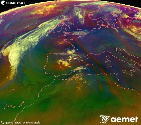 Composici�n RGB na que se mesturan varias canles do sat�lite Meteosat operacional en 0� N 0� W, que nos d� unha idea das caracter�sticas das masas de aire e da nebulosidade.&nbsp;venres, 10 xullo  2026 04:00