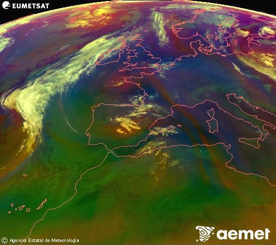 Composici�n RGB na que se mesturan varias canles do sat�lite Meteosat operacional en 0� N 0� W, que nos d� unha idea das caracter�sticas das masas de aire e da nebulosidade.&nbsp;venres, 10 xullo  2026 06:00