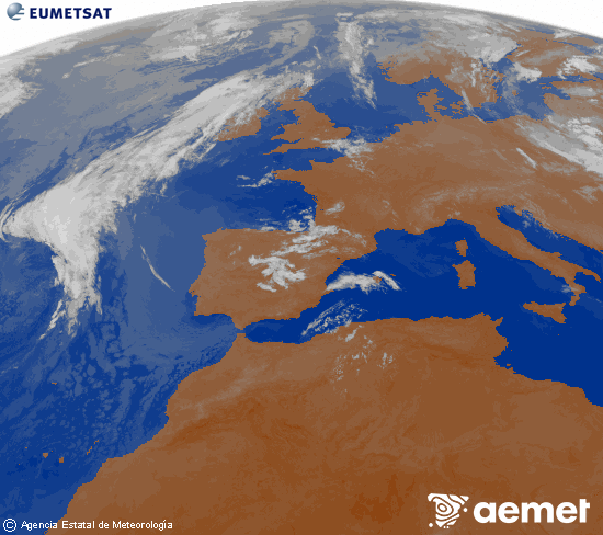 Imatge de la zona d'Europa i Nord d'�frica del canal infraroig del sat�l�lit Meteosat operacional en 0�N 0�W, processada per a donar-li color.&nbsp;divendres, 10 de juliol  2026 07:00