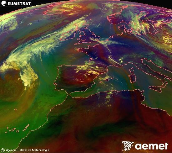 Composici�n RGB na que se mesturan varias canles do sat�lite Meteosat operacional en 0� N 0� W, que nos d� unha idea das caracter�sticas das masas de aire e da nebulosidade.&nbsp;venres, 10 xullo  2026 13:00
