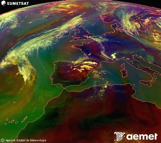 Composici�n RGB na que se mesturan varias canles do sat�lite Meteosat operacional en 0� N 0� W, que nos d� unha idea das caracter�sticas das masas de aire e da nebulosidade.&nbsp;venres, 10 xullo  2026 14:00