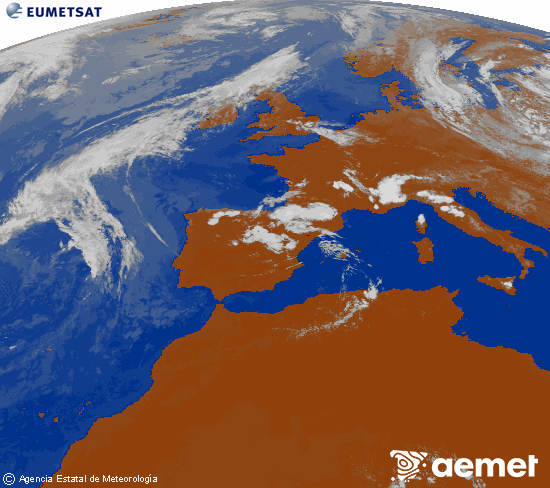 Imatge de la zona d'Europa i Nord d'�frica del canal infraroig del sat�l�lit Meteosat operacional en 0�N 0�W, processada per a donar-li color.&nbsp;divendres, 10 de juliol  2026 16:00