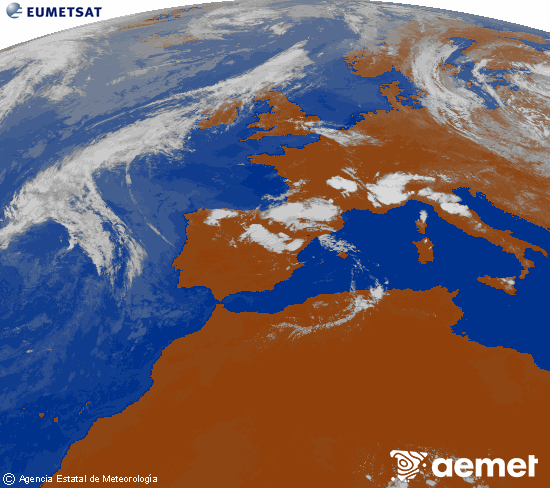 Imatge de la zona d'Europa i Nord d'�frica del canal infraroig del sat�l�lit Meteosat operacional en 0�N 0�W, processada per a donar-li color.&nbsp;divendres, 10 de juliol  2026 17:00
