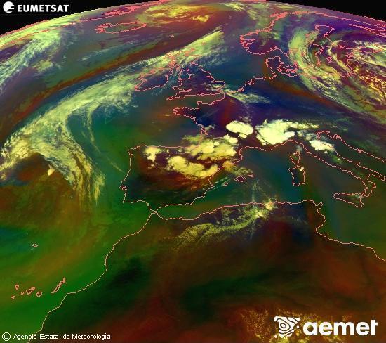 Composici�n RGB na que se mesturan varias canles do sat�lite Meteosat operacional en 0� N 0� W, que nos d� unha idea das caracter�sticas das masas de aire e da nebulosidade.&nbsp;venres, 10 xullo  2026 18:00