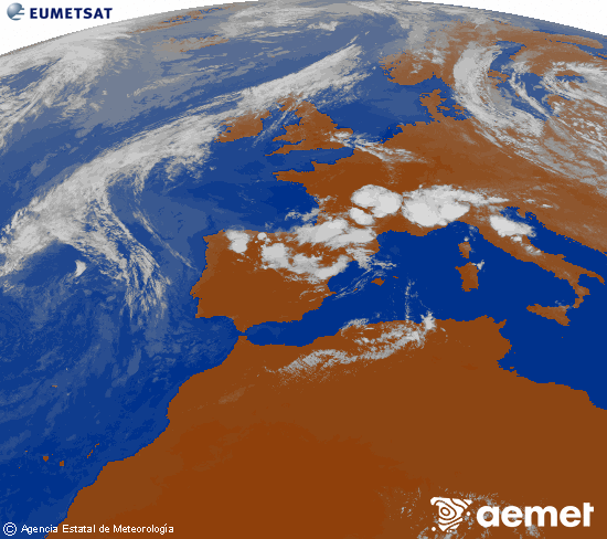 Imatge de la zona d'Europa i Nord d'�frica del canal infraroig del sat�l�lit Meteosat operacional en 0�N 0�W, processada per a donar-li color.&nbsp;divendres, 10 de juliol  2026 19:00