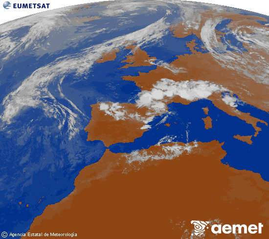 Imatge de la zona d'Europa i Nord d'�frica del canal infraroig del sat�l�lit Meteosat operacional en 0�N 0�W, processada per a donar-li color.&nbsp;divendres, 10 de juliol  2026 21:00
