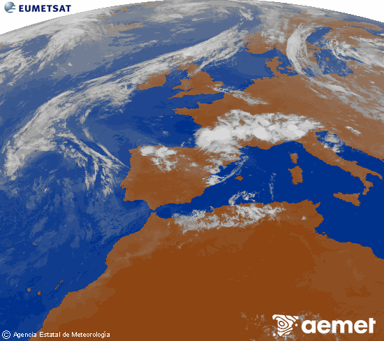 Imatge de la zona d'Europa i Nord d'�frica del canal infraroig del sat�l�lit Meteosat operacional en 0�N 0�W, processada per a donar-li color.&nbsp;divendres, 10 de juliol  2026 22:00
