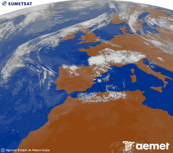Imatge de la zona d'Europa i Nord d'�frica del canal infraroig del sat�l�lit Meteosat operacional en 0�N 0�W, processada per a donar-li color.&nbsp;divendres, 10 de juliol  2026 23:00