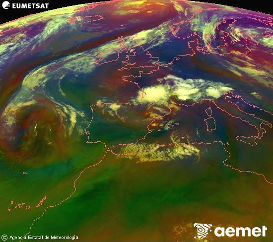 Composici�n RGB en la que se mezclan varios canales del sat�lite Meteosat operacional en 0�N 0�W, que nos da una idea de las caracter�sticas de las masas de aire y de la nubosidad.&nbsp;s�bado, 11 julio 2026 a las 00:00