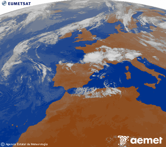 Imatge de la zona d'Europa i Nord d'�frica del canal infraroig del sat�l�lit Meteosat operacional en 0�N 0�W, processada per a donar-li color.&nbsp;dissabte, 11 de juliol  2026 00:00