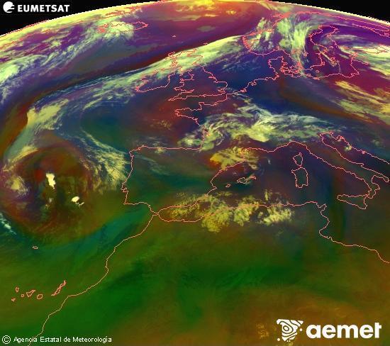 Composici�n RGB en la que se mezclan varios canales del sat�lite Meteosat operacional en 0�N 0�W, que nos da una idea de las caracter�sticas de las masas de aire y de la nubosidad.&nbsp;s�bado, 11 julio 2026 a las 03:00