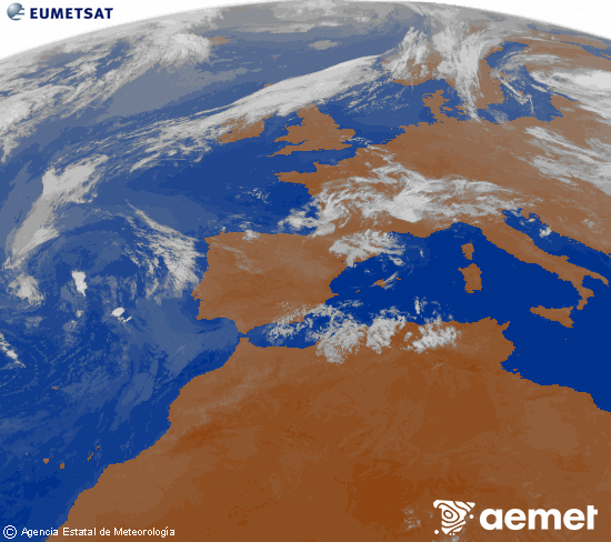 Imagen de la zona de Europa y Norte de �frica del canal infrarrojo del sat�lite Meteosat operacional en 0�N 0�W, procesada para darle color.&nbsp;dissabte, 11 de juliol  2026 03:00