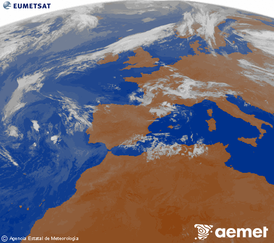 Imagen de la zona de Europa y Norte de �frica del canal infrarrojo del sat�lite Meteosat operacional en 0�N 0�W, procesada para darle color.&nbsp;dissabte, 11 de juliol  2026 04:00