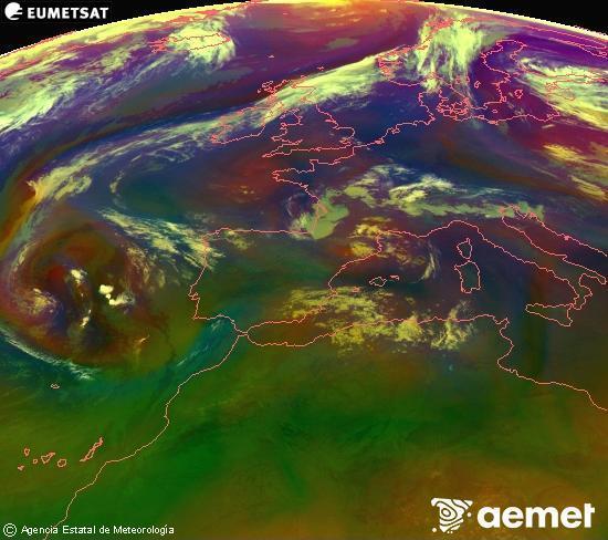 Composici�n RGB en la que se mezclan varios canales del sat�lite Meteosat operacional en 0�N 0�W, que nos da una idea de las caracter�sticas de las masas de aire y de la nubosidad.&nbsp;s�bado, 11 julio 2026 a las 06:00