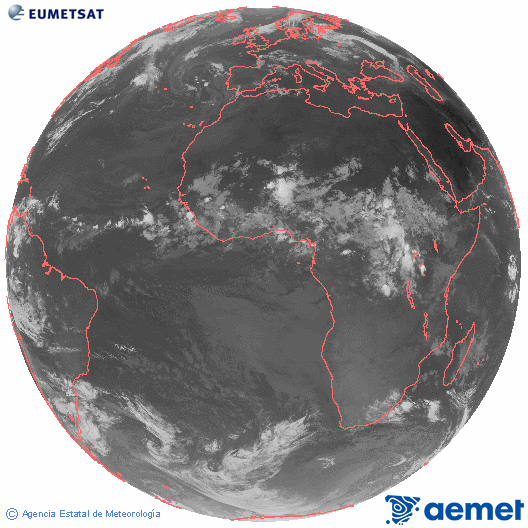 Imagen global del canal infrarrojo (10.8 &mu;m) del sat�lite Meteosat, perteneciente a la serie MSG (Meteosat Segunda Generaci�n) y situado en 0�N 0�E.&nbsp;larunbata, 2026ko uztailak 11, ordua: 08:00