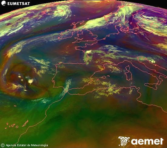 Composici�n RGB en la que se mezclan varios canales del sat�lite Meteosat operacional en 0�N 0�W, que nos da una idea de las caracter�sticas de las masas de aire y de la nubosidad.&nbsp;s�bado, 11 julio 2026 a las 09:00