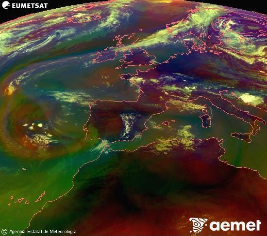 Composici� RGB en la qual es barregen diversos canals del sat�l�lit Meteosat operacional en 0�N 0�W, que ens d�na una idea de les caracter�stiques de les masses d'aire i de la nuvolositat.&nbsp;dissabte, 11 de juliol  2026 13:00