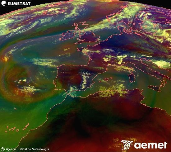 Composici� RGB en la qual es barregen diversos canals del sat�l�lit Meteosat operacional en 0�N 0�W, que ens d�na una idea de les caracter�stiques de les masses d'aire i de la nuvolositat.&nbsp;dissabte, 11 de juliol  2026 14:00