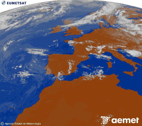 Imagen de la zona de Europa y Norte de �frica del canal infrarrojo del sat�lite Meteosat operacional en 0�N 0�W, procesada para darle color.&nbsp;samedi, 11 juillet  2026 14:00