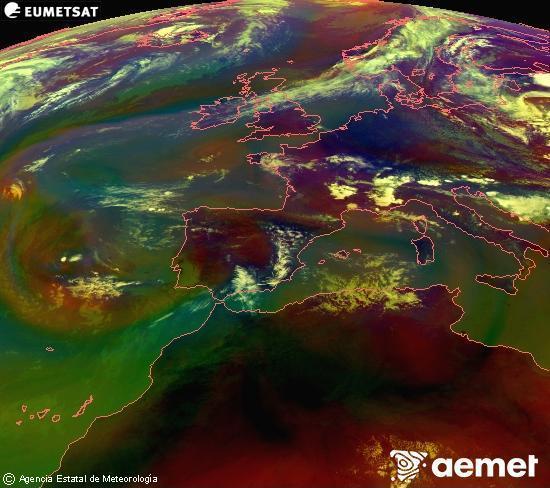 Composici� RGB en la qual es barregen diversos canals del sat�l�lit Meteosat operacional en 0�N 0�W, que ens d�na una idea de les caracter�stiques de les masses d'aire i de la nuvolositat.&nbsp;dissabte, 11 de juliol  2026 15:00