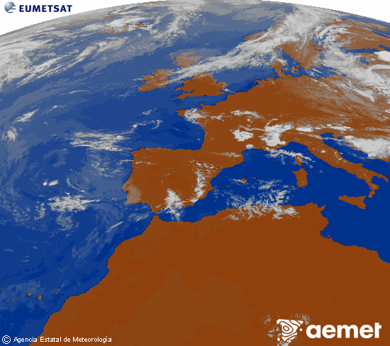 Imagen de la zona de Europa y Norte de �frica del canal infrarrojo del sat�lite Meteosat operacional en 0�N 0�W, procesada para darle color.&nbsp;samedi, 11 juillet  2026 15:00